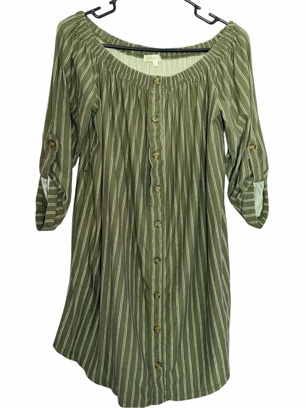 Ultra Flirt Olive Green Stripe Button-Front Dress Size Large Casual Summer Dress
